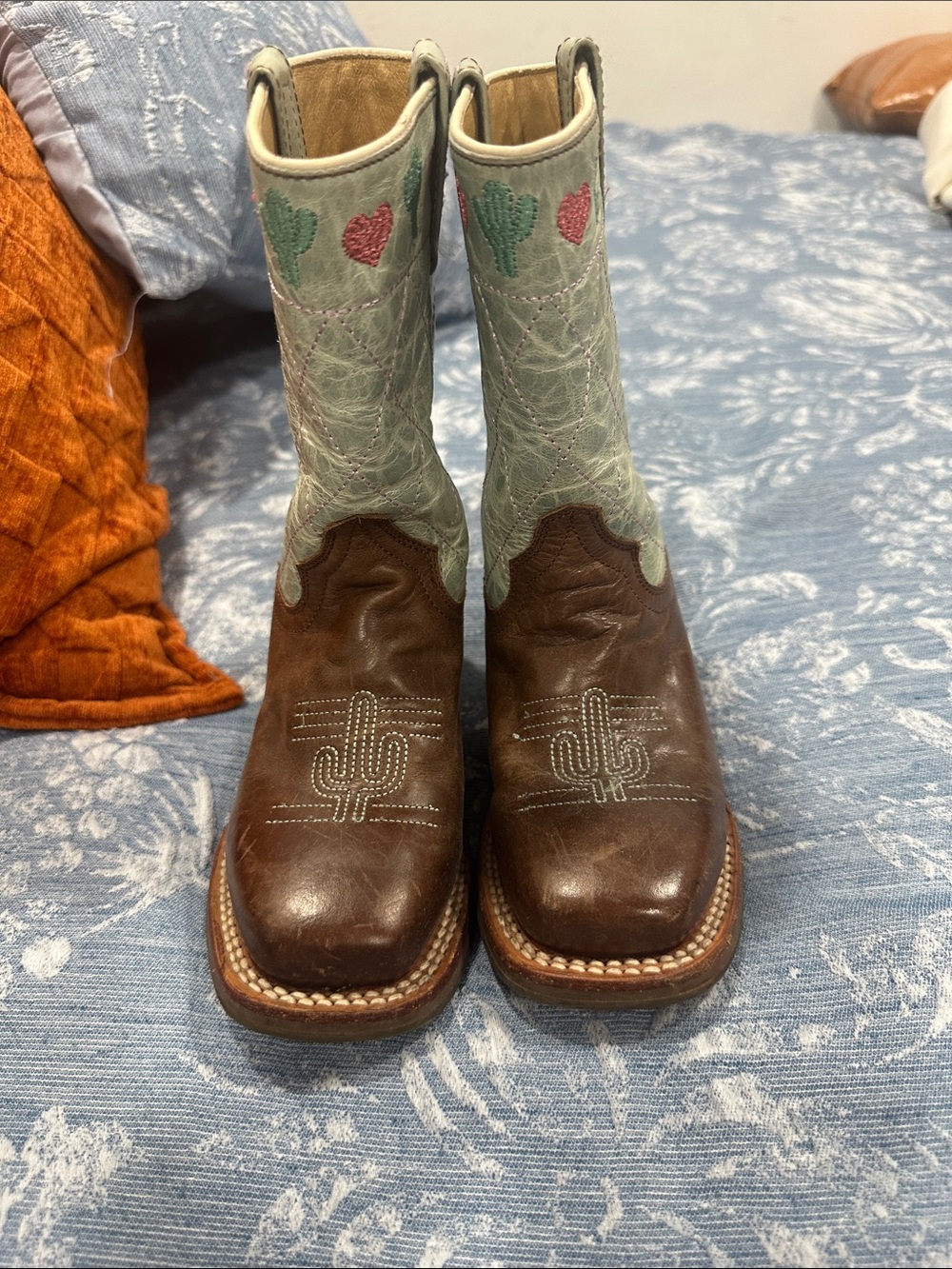 Tin Haul Brown & Light Green Kids Western Boots with Pink Heart Accents